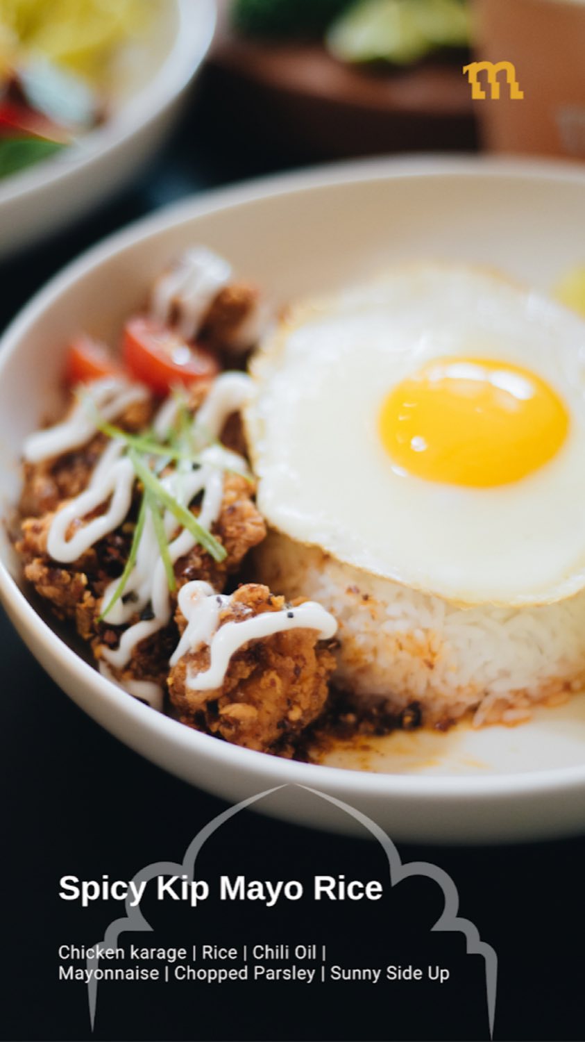 Spicy Kip Mayo Rice — chicken karaage, sunny side up egg, mayonnaise, on rice